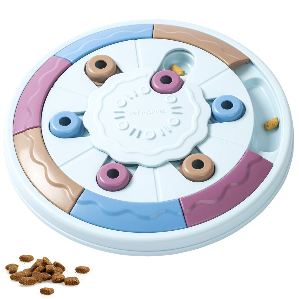 Interactive dog feeding puzzle with sliding compartments and treat hiding spots
