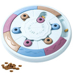 Interactive dog feeding puzzle with sliding compartments and treat hiding spots
