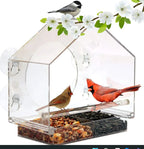 Transparent acrylic bird feeder on window with red cardinal
