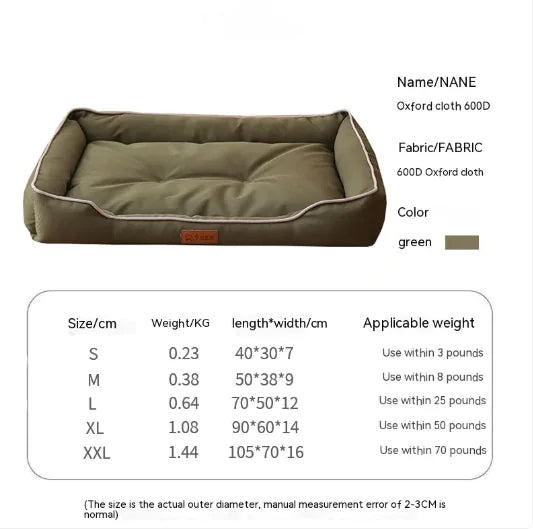 Bite-resistant waterproof dog mat in green Oxford cloth with size chart

