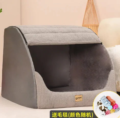 Warm medium large pet bed in classic gray with small dog inside
