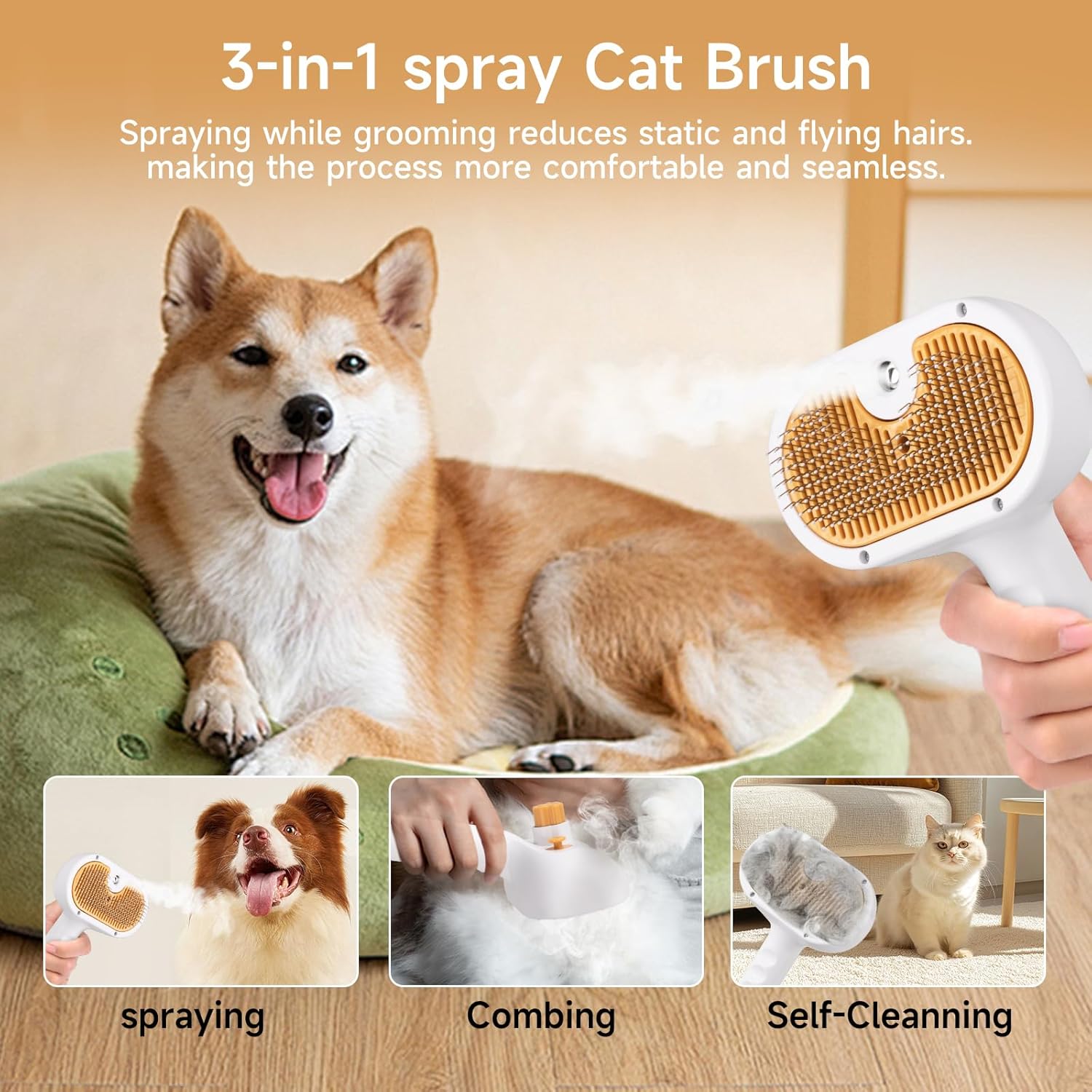 Pet grooming steam brush being used on dog showing steam function