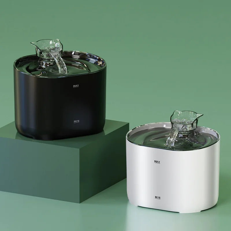 Cat water fountain in white and green showing automatic dispenser design
