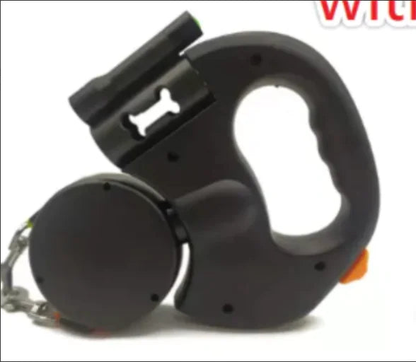 Retractable dog leash in black with LED flashlight and waste bag dispenser
