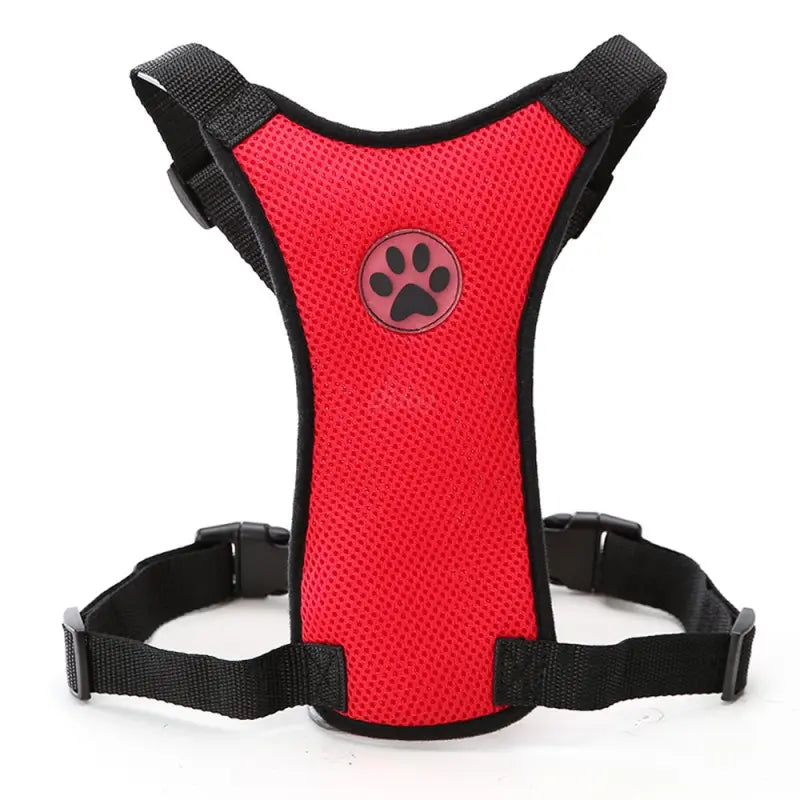Breathable mesh dog chest harness in red with paw print for car safety
