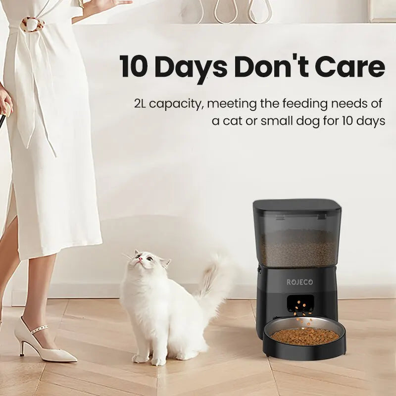 Cat next to a ROJECO pet feeder with text about its capacity and usage duration.