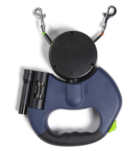 Retractable dog leash with built-in flashlight in blue showing handle design
