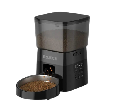 Black Rojeco pet food dispenser with a bowl of food on a white background