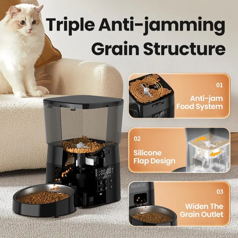Pet food dispenser with a cat on a couch, highlighting anti-jamming features.