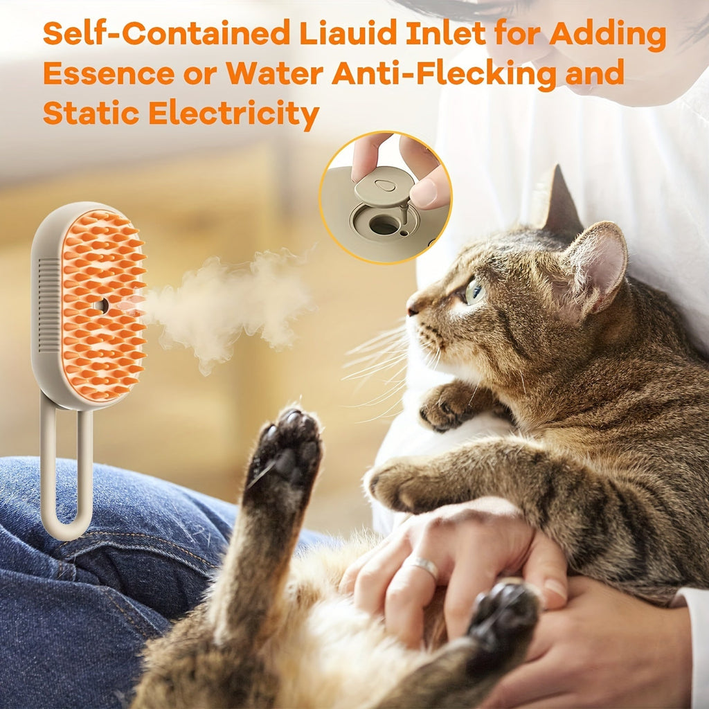 Cat being petted with a grooming tool labeled 'Self-Contained Liquid Inlet for Adding Essence or Water Anti-Flecking and Static Electricity'.