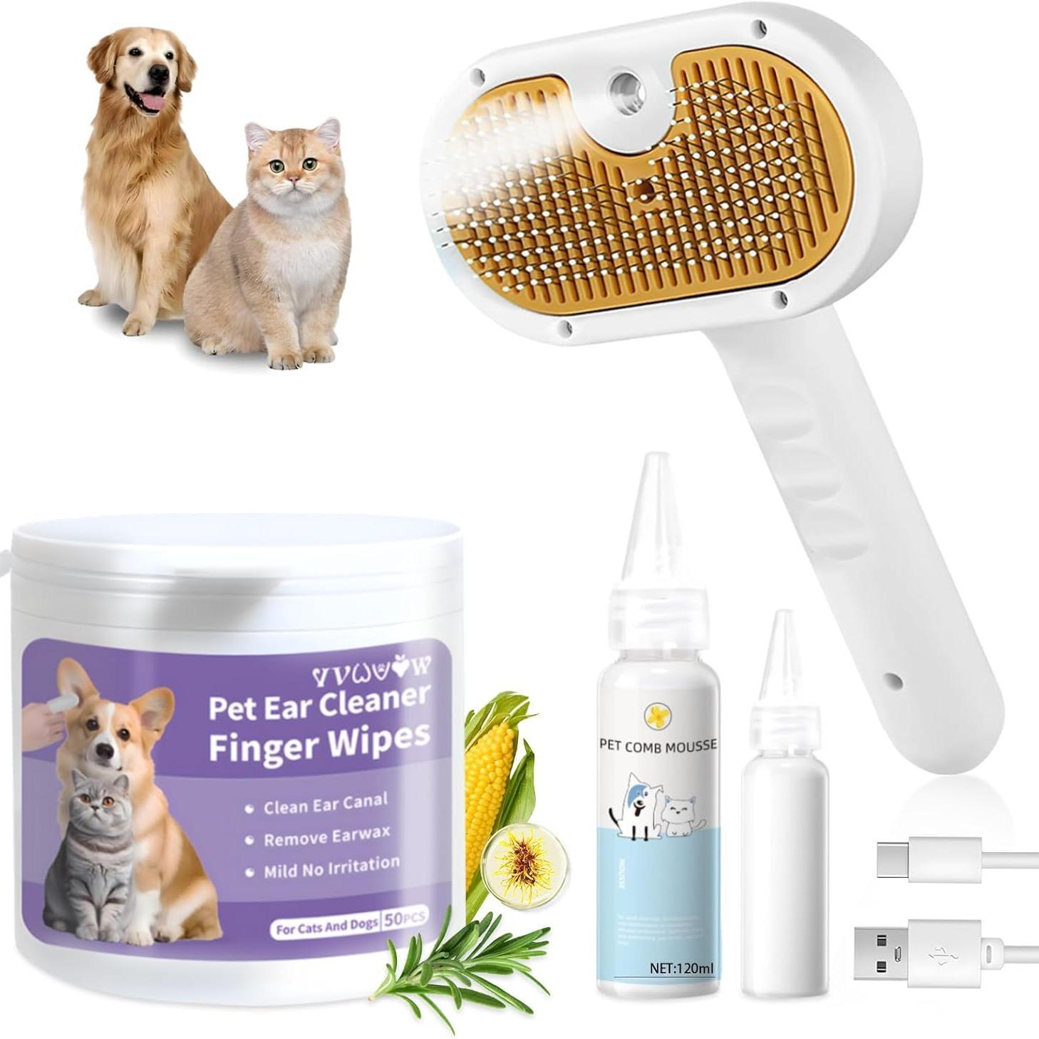 Universal Pet Steam Brush For Cats And Dogs 3-in-1 Spray Hair Removal Comb With Waterless Shampoo And Ear Towel