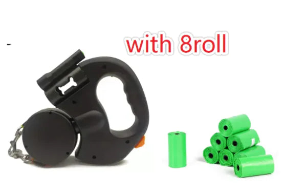 Retractable dog leash with LED light in black including waste bag rolls
