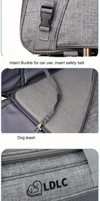 Gray pet carrier with buckle, safety belt, and dog leash attachment features, featuring the LDLC brand.