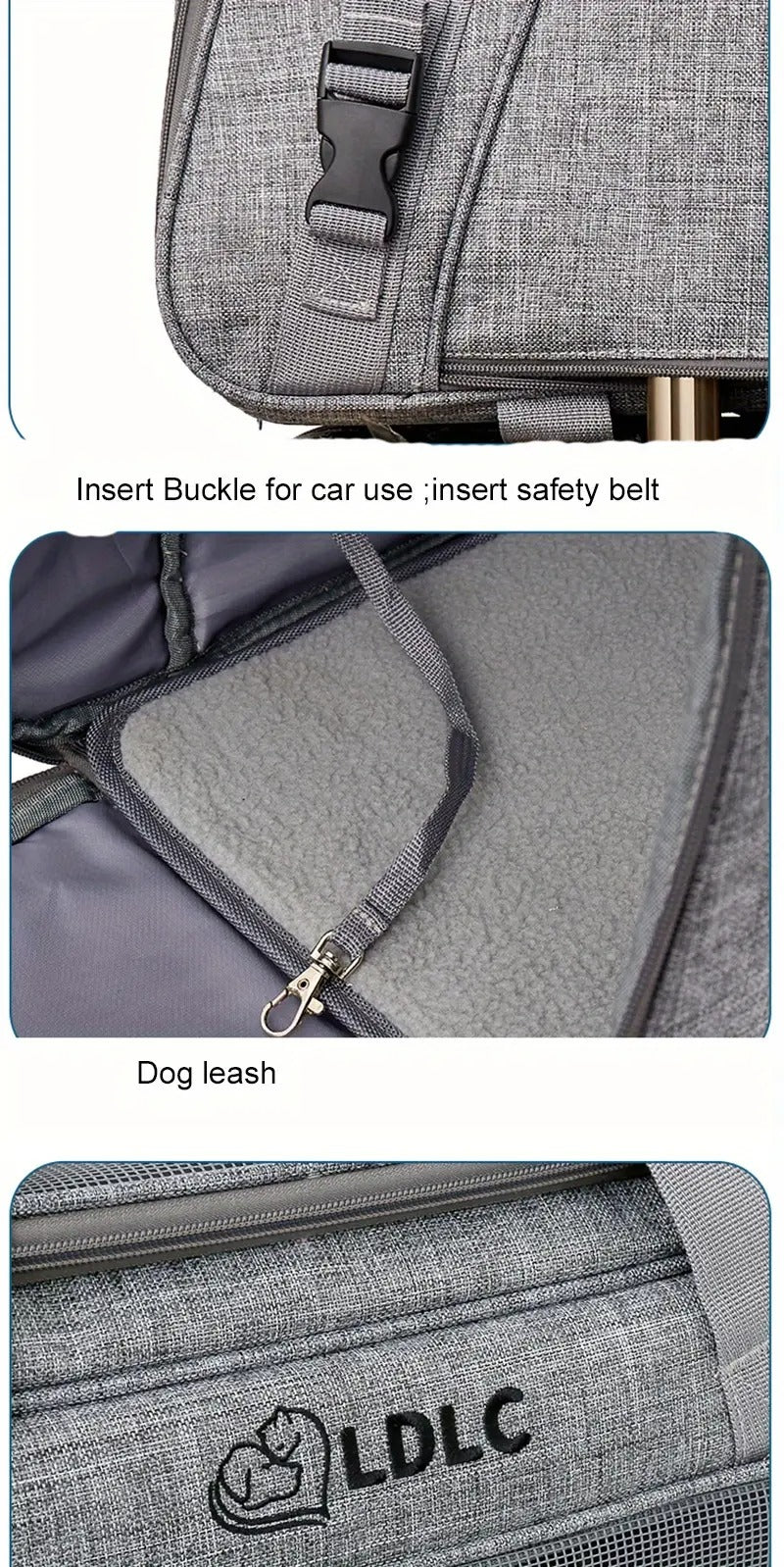 Gray pet carrier with buckle, safety belt, and dog leash attachment features, featuring the LDLC brand.