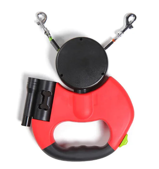 Retractable dog leash with lights in red showing flashlight feature
