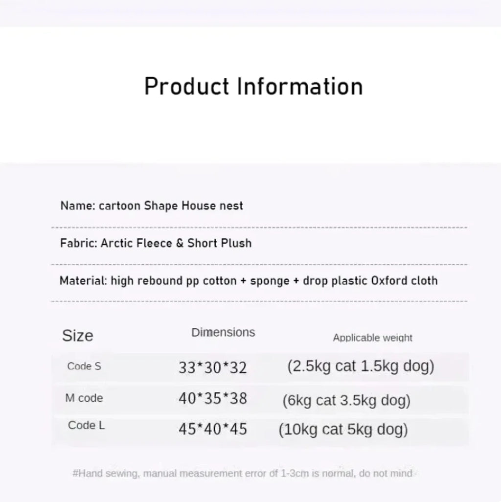 Warm pet house product information showing sizes and specifications
