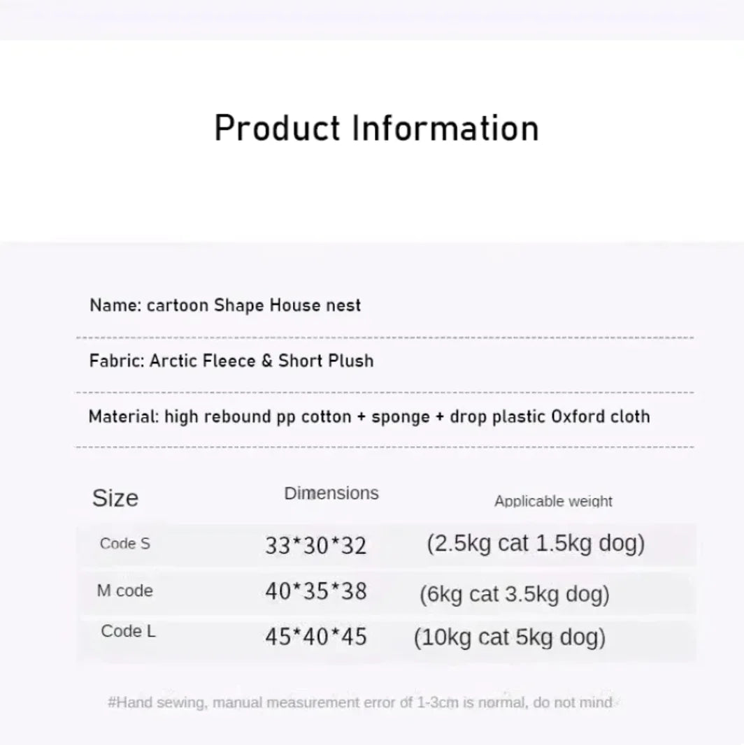 Warm pet house product information showing sizes and specifications
