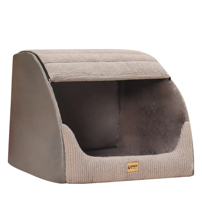 Gray pet bed with removable cover showing entrance and structure
