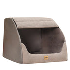 Gray pet bed with removable cover showing entrance and structure
