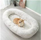 Beige warm winter pet bed oval shape with raised edges
