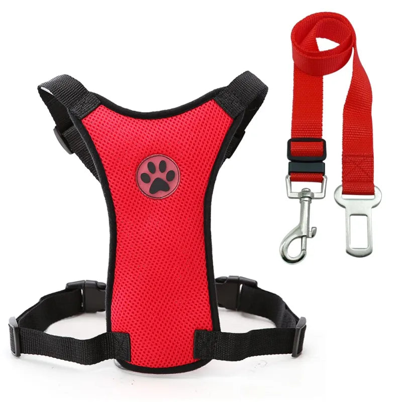 Red dog car safety harness with adjustable straps and leash attachment
