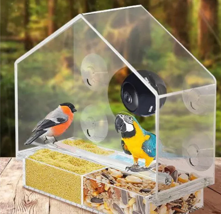 Clear acrylic bird feeder house design mounted on window with birds
