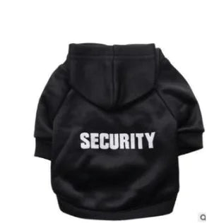 Black fleece dog hoodie with SECURITY text on back
