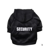 Black fleece dog hoodie with SECURITY text on back
