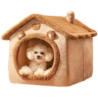Warm pet house bed in coffee brown with small dog inside for cats and small dogs
